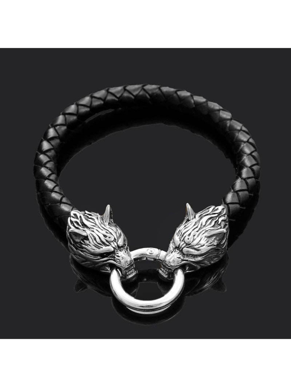 Viking Wolf Head Leather Bracelet 6 inches